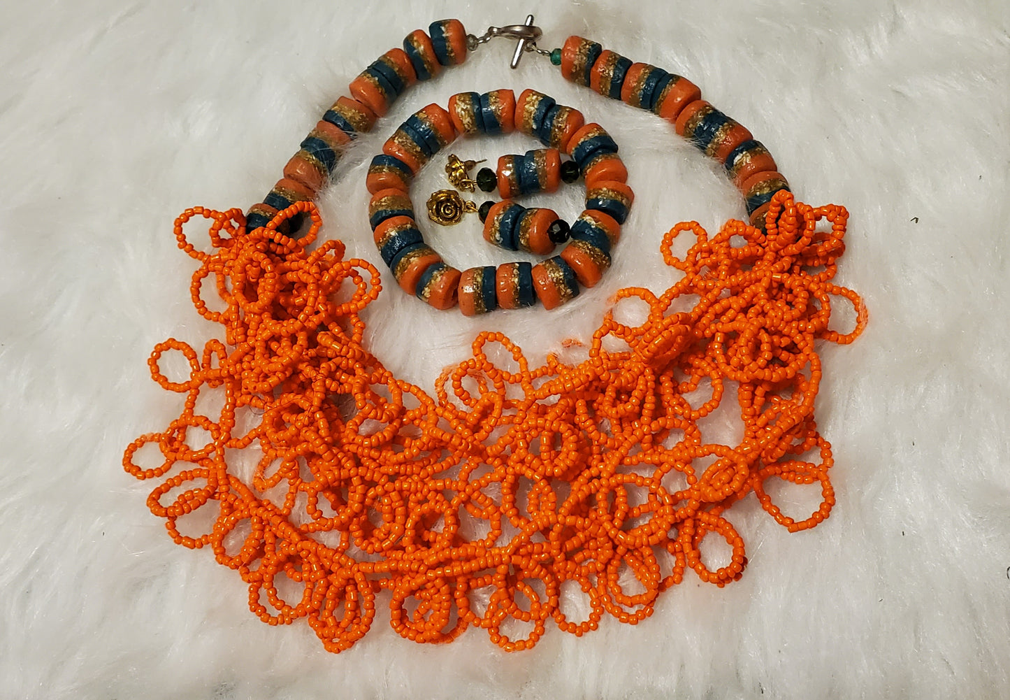 Two Tone Green And Orange Beads Set
