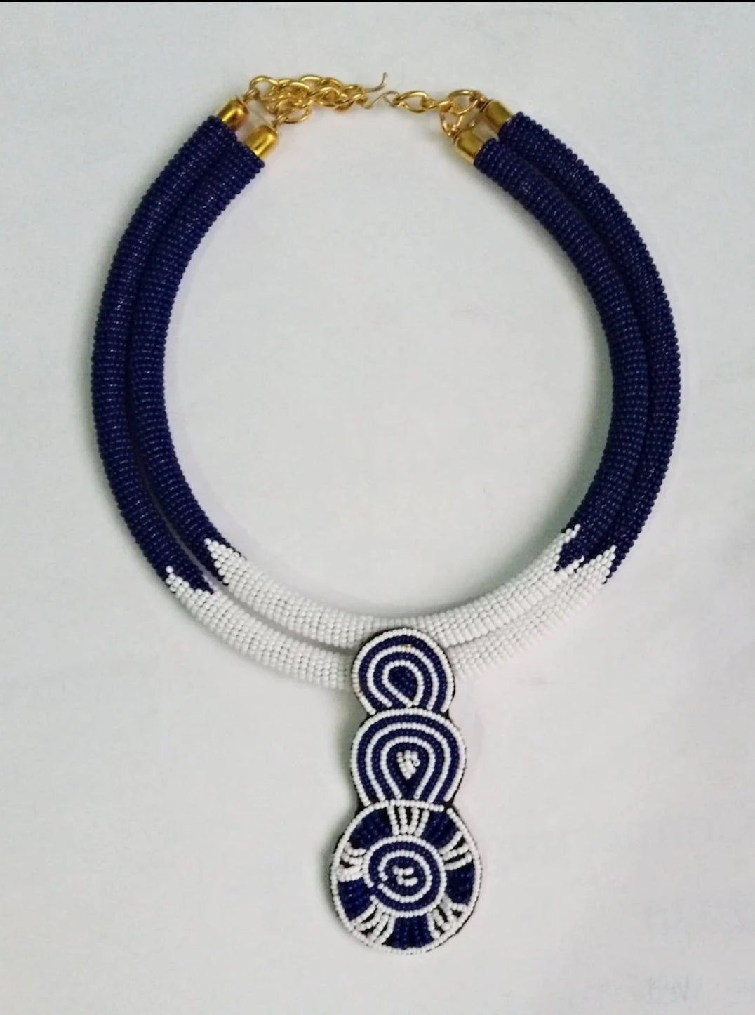 Blue And White Double-Row Fine Bead Choker
