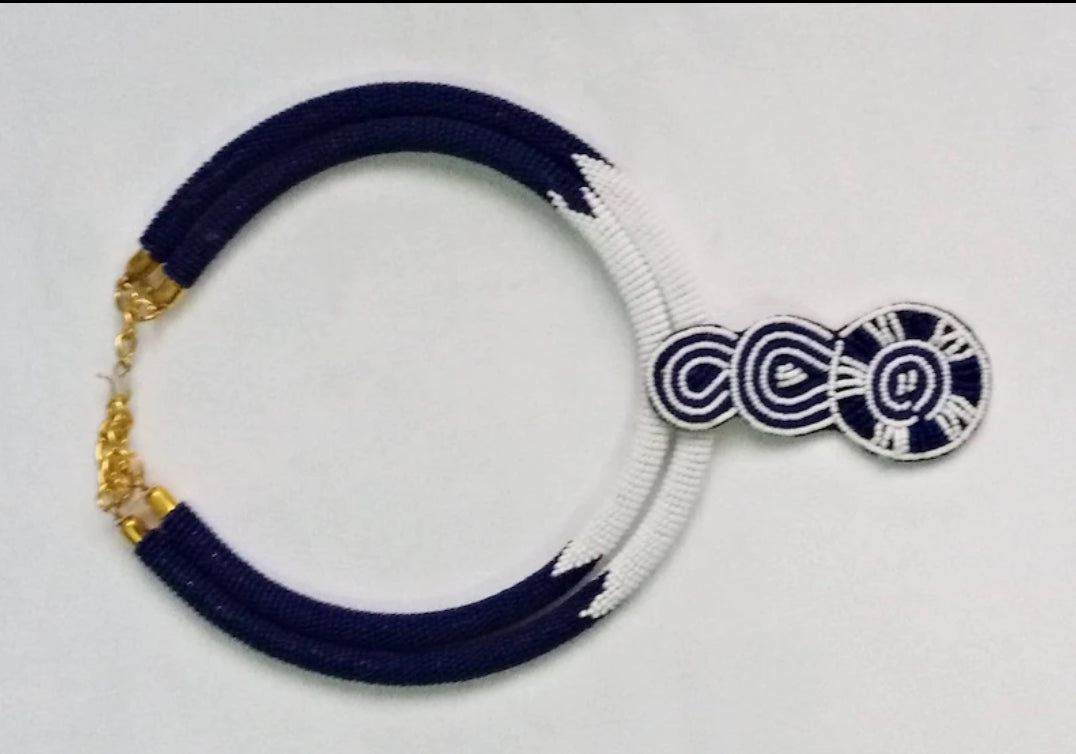 Blue And White Double-Row Fine Bead Choker